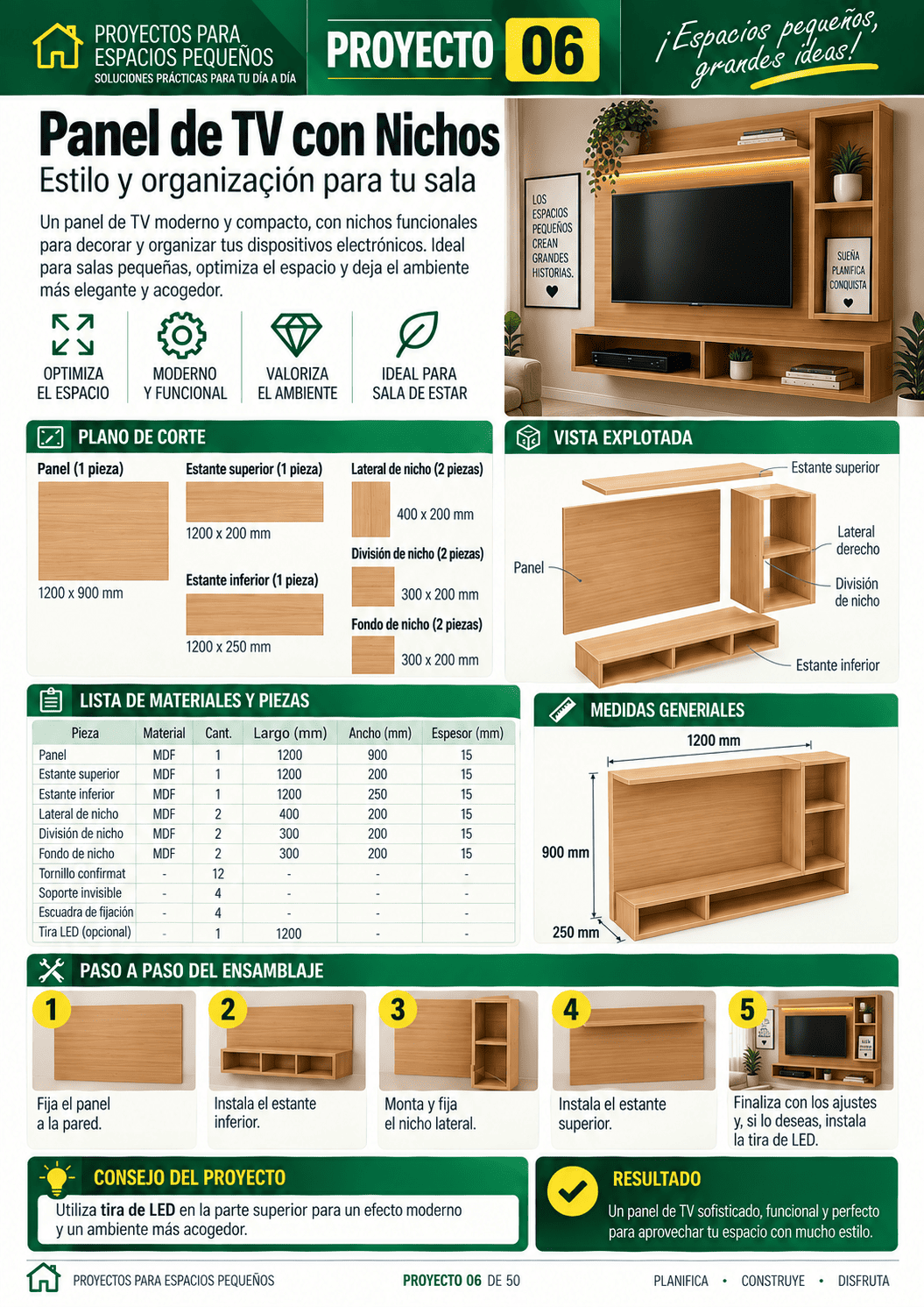Proyecto 06: panel de TV con nichos, del bono de proyectos para espacios pequeños