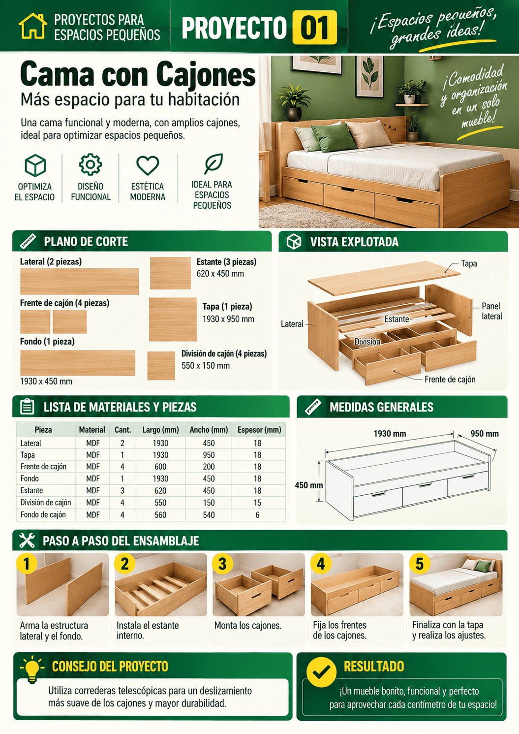 Proyecto 01: cama con cajones, del bono de proyectos para espacios pequeños